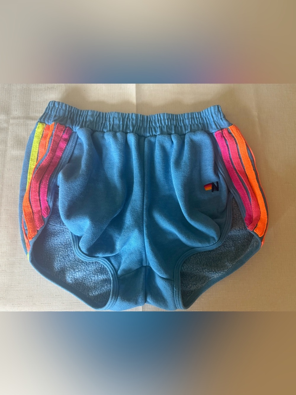 Aviator Nation Blue Terry Shorts with Rainbow Stripes- XS